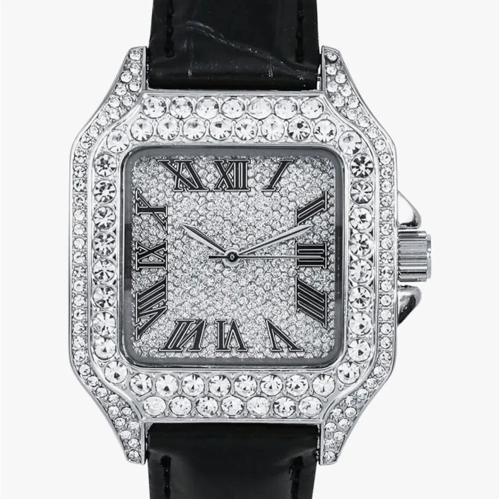 Bust Down Iced Out Hip Hop Watch Black Silicone Strap VVS Diamond Shine Bling